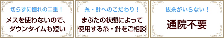 切らずに憧れの二重！メスを使わないので、ダウンタイムも短い ／糸・針へのこだわり！まぶたの状態によって使用する糸・針をご相談／抜糸がいらない！通院不要